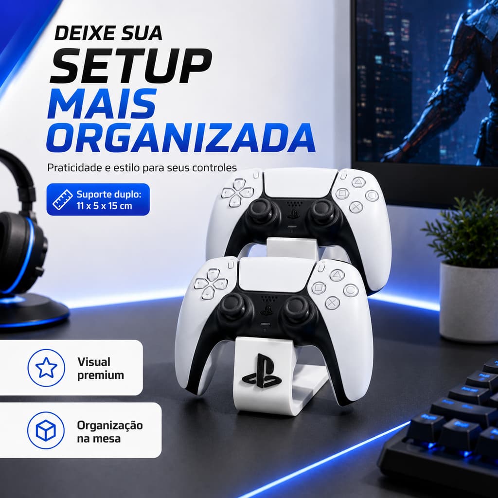 Suporte Para 2 Controles PS5 DualSense Base Dupla De Mesa Gamer Organizador Para Setup