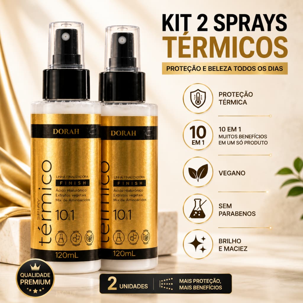 Kit 2x Spray Térmico 10 em 1 Dorah Beauty 120ml Proteção Térmica Capilar Vegano