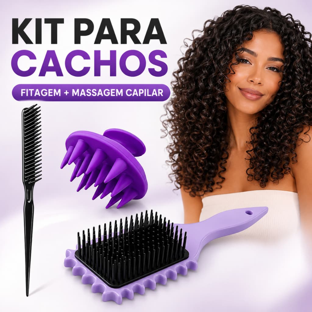 Kit Escova Fitagem Cachos + Pente Fitagem + Massageador Capilar