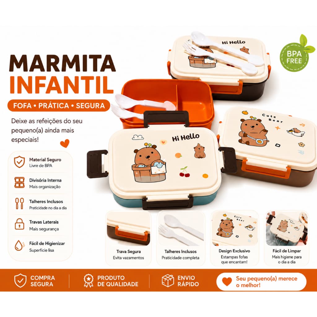 Lancheira/Marmita Infantil com 2 Divisórias Colher e Garfo Prática para Refeições