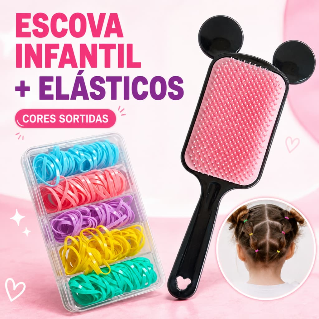 Kit Escova de cabelo Infantil Menina + Elásticos Linguinha Silicone Coloridos