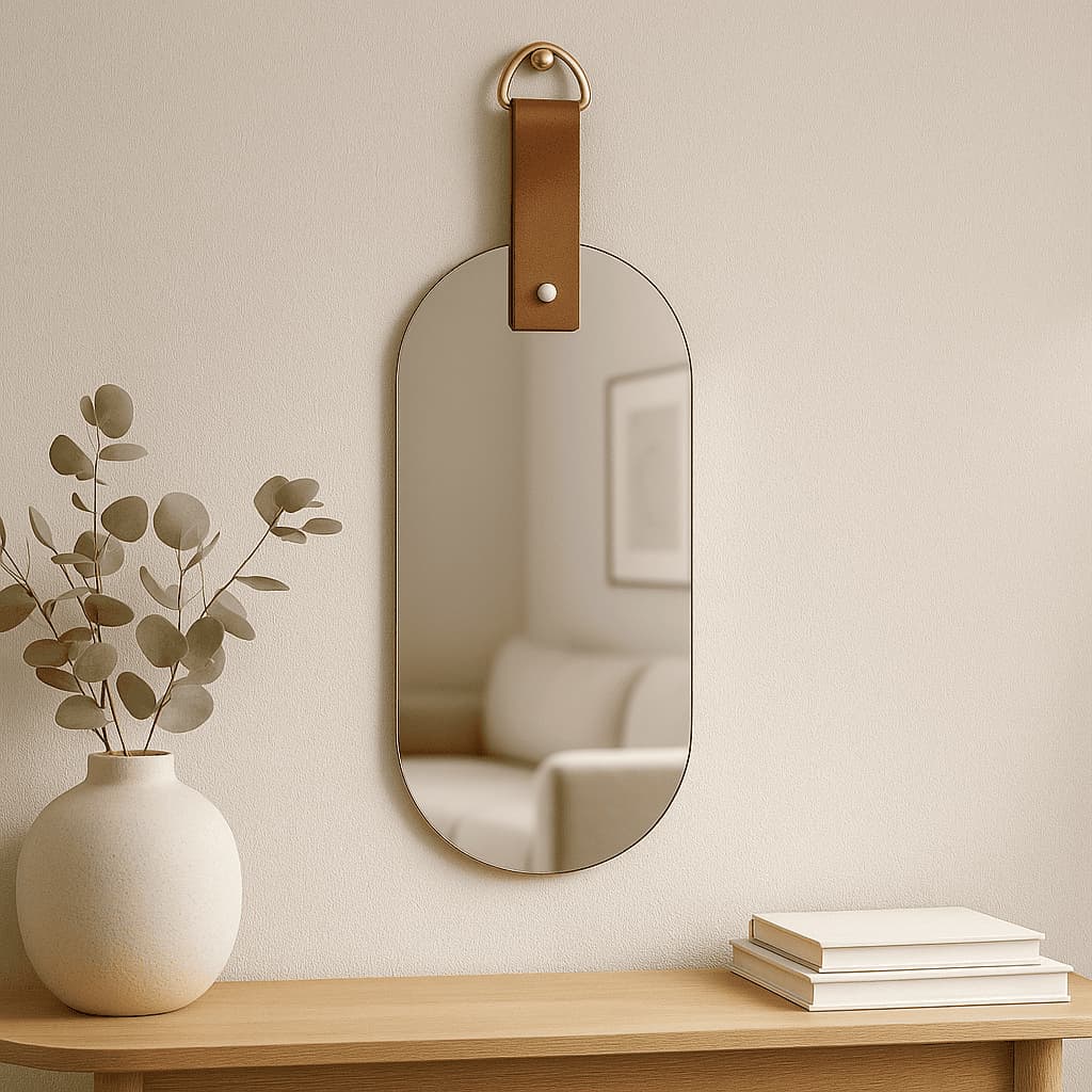 Espelho Decorativo Oval Lapidado com Alça de Couro 15x30cm Moderno e Elegante