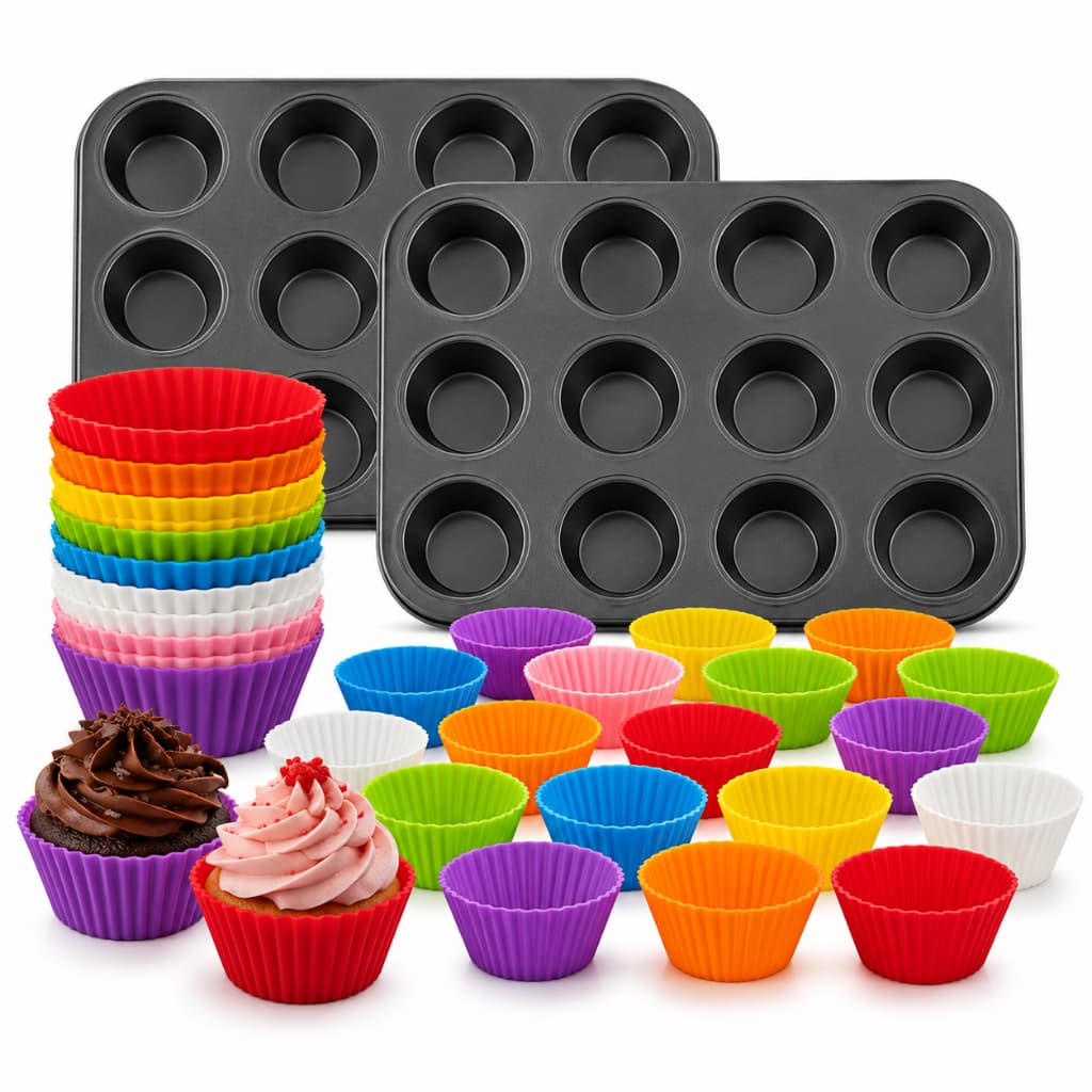 Kit 2 Formas Teflon 12 Cavidade + 24 Forminhas Silicone Cupcake Muffin Empada