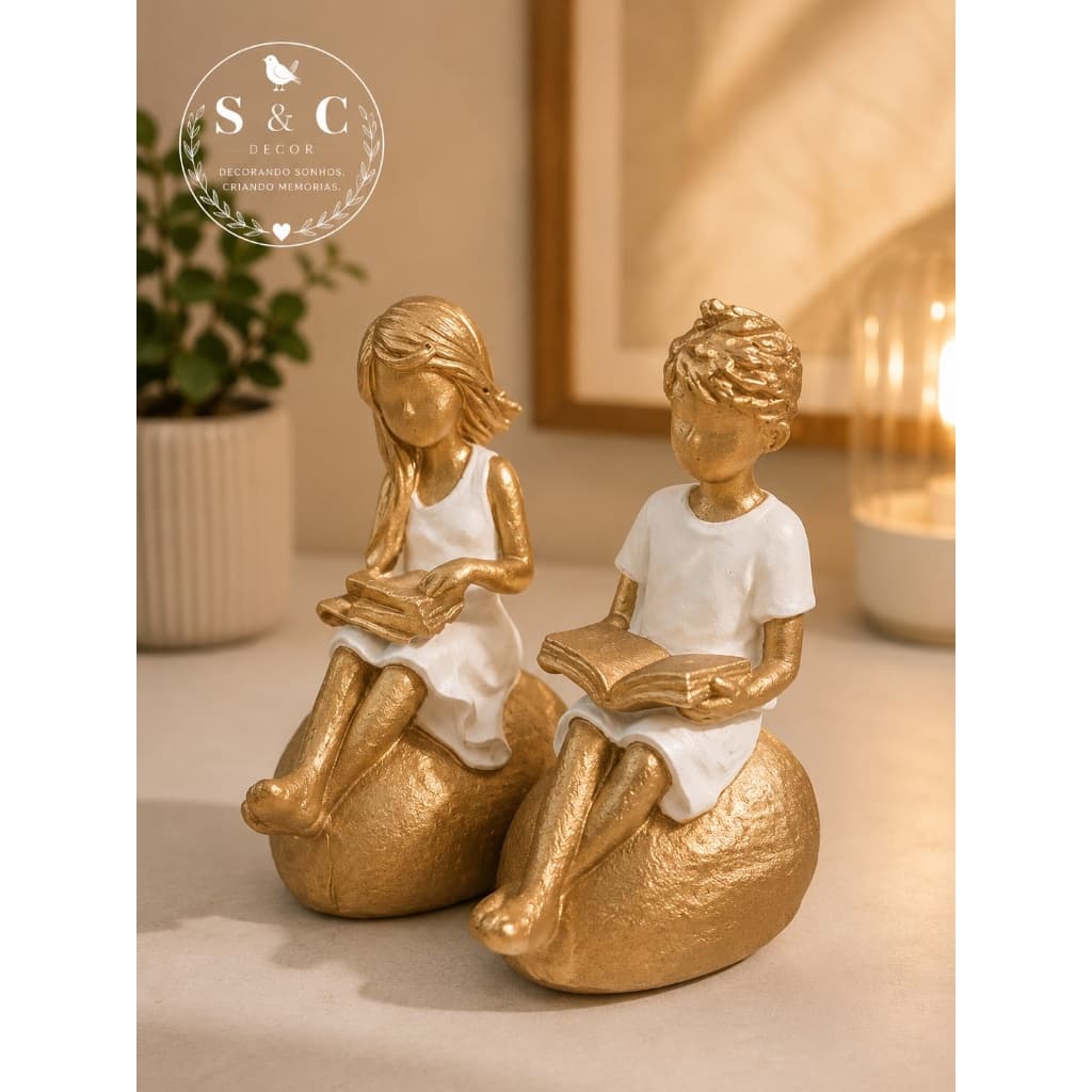 Kit João e Maria Decorativos em Gesso Branco e Dourado | Esculturas Decorativas Modernas | Enfeite para Sala, Quarto