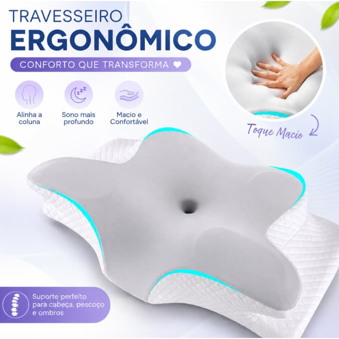 Travesseiro Ergonômico Borboleta Cervical de Espuma | Conforto para Dormir de Lado ou de Costas