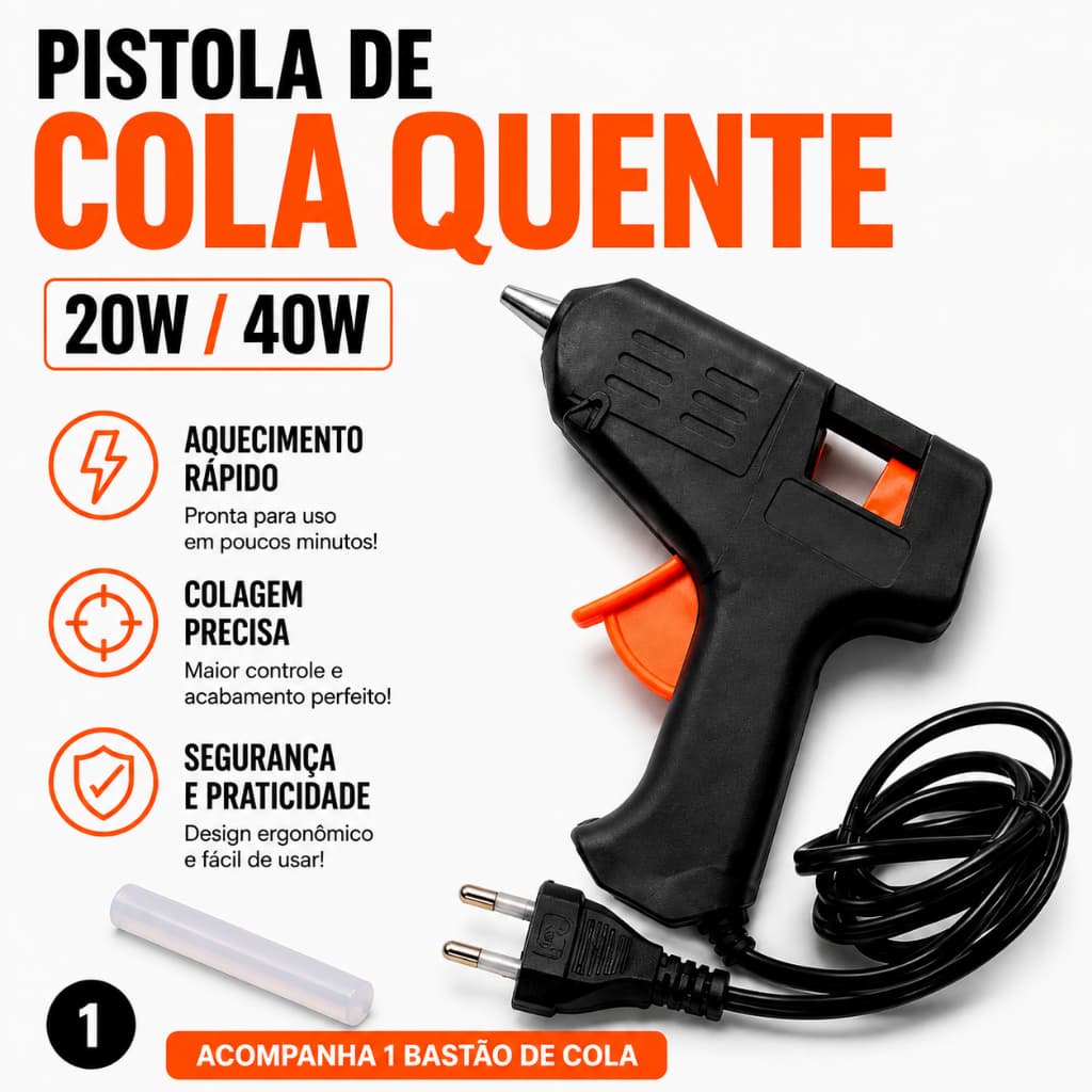 Pistola de Cola Quente 20W e 40W Bivolt Para Artesanato Reparos + 1 Bastão de Cola EVA Papel Madeira