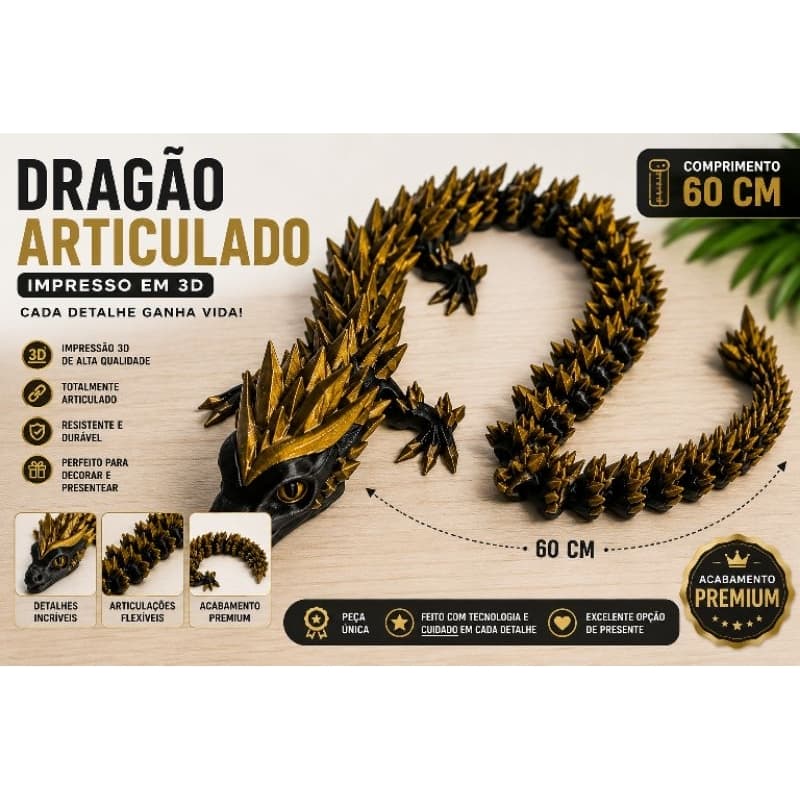Dragão Articulado EXTRA GRANDE (60cm) Flexível Premium Colecionável Decorativo Presente Relaxante Geek Envio Imediato