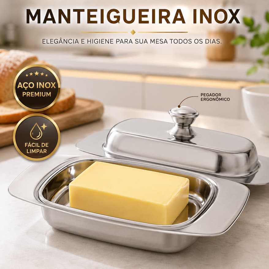 Manteigueira com Tampa Inox Aço Inoxidável Porta Manteiga Elegante para Mesa e Cozinha