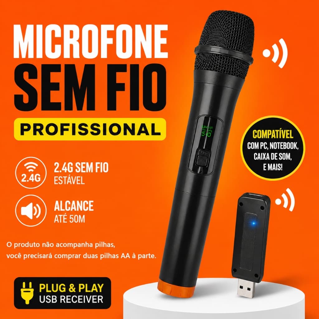 Microfone Sem Fio Profissional UHF USB para Karaokê Show e Palestra