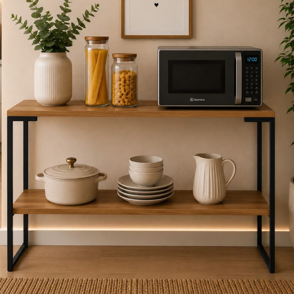Balcão Aparador Multiuso Para Cozinha Suporte Microondas em MDF e Aço Envio Imediato