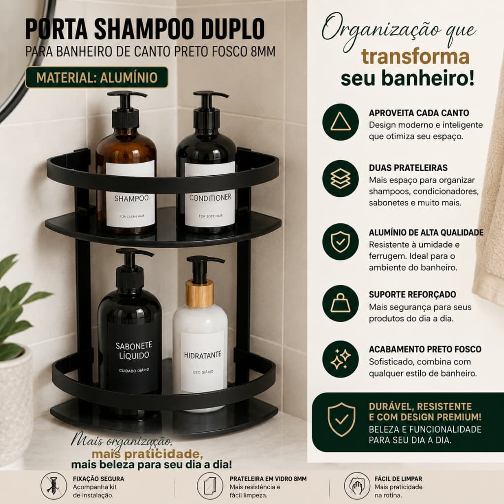Porta Shampoo Duplo De Canto Banheiro Preto Fosco Alumínio 8mm Luxo