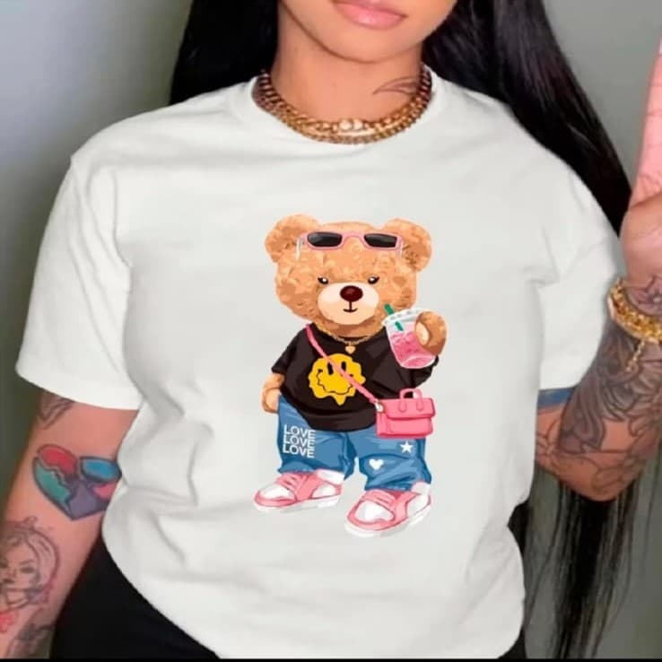 Camisa Feminina Urso Street Estilo Oversized Casual Moda Urbana