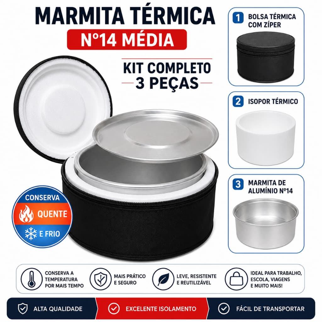 Marmita Térmica Redonda Nº14 Média Completa 3 Peças Bolsa Térmica + Isopor + Alumínio com Zíper
