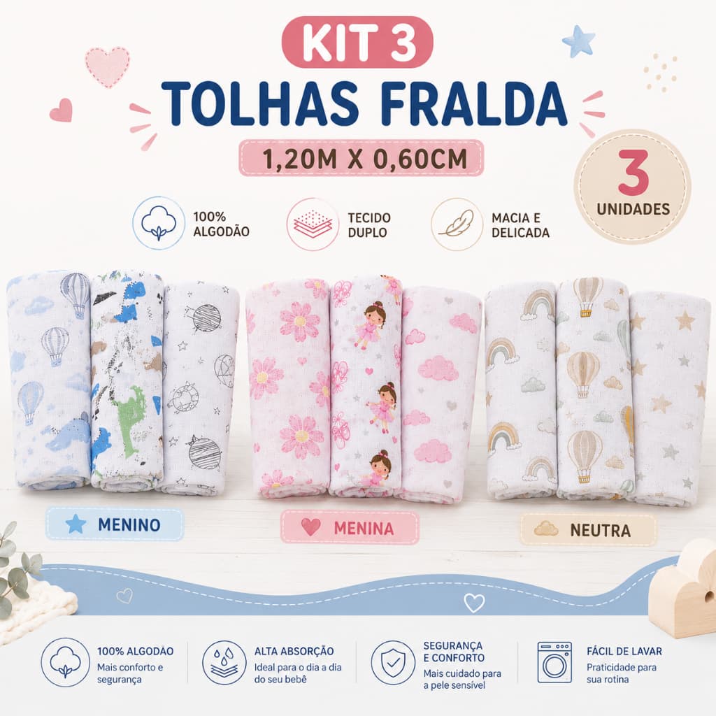 Kit 3 Toalha Fralda Bebê Estampada Enxoval Algodão