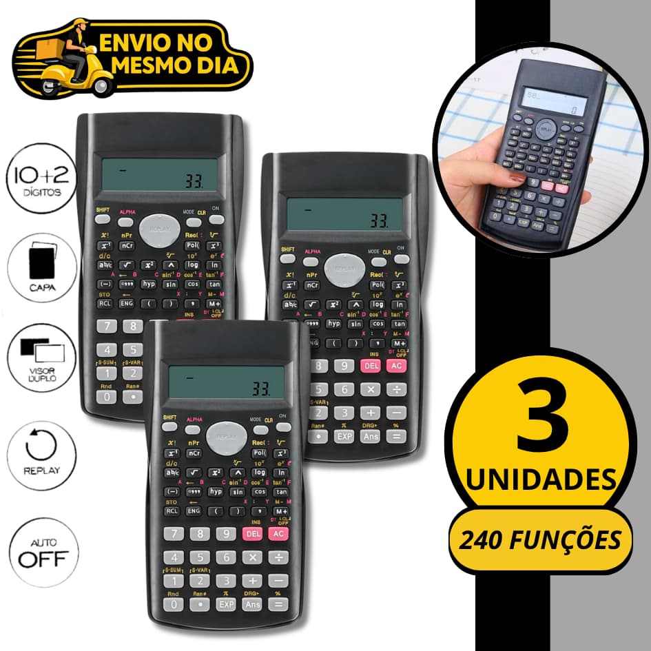 KIT 2/3/5 Calculadora 240 Funções Cientifica A Pilha Financeira Matemática Escolar Faculdade Trabalho 2 Linhas Barata