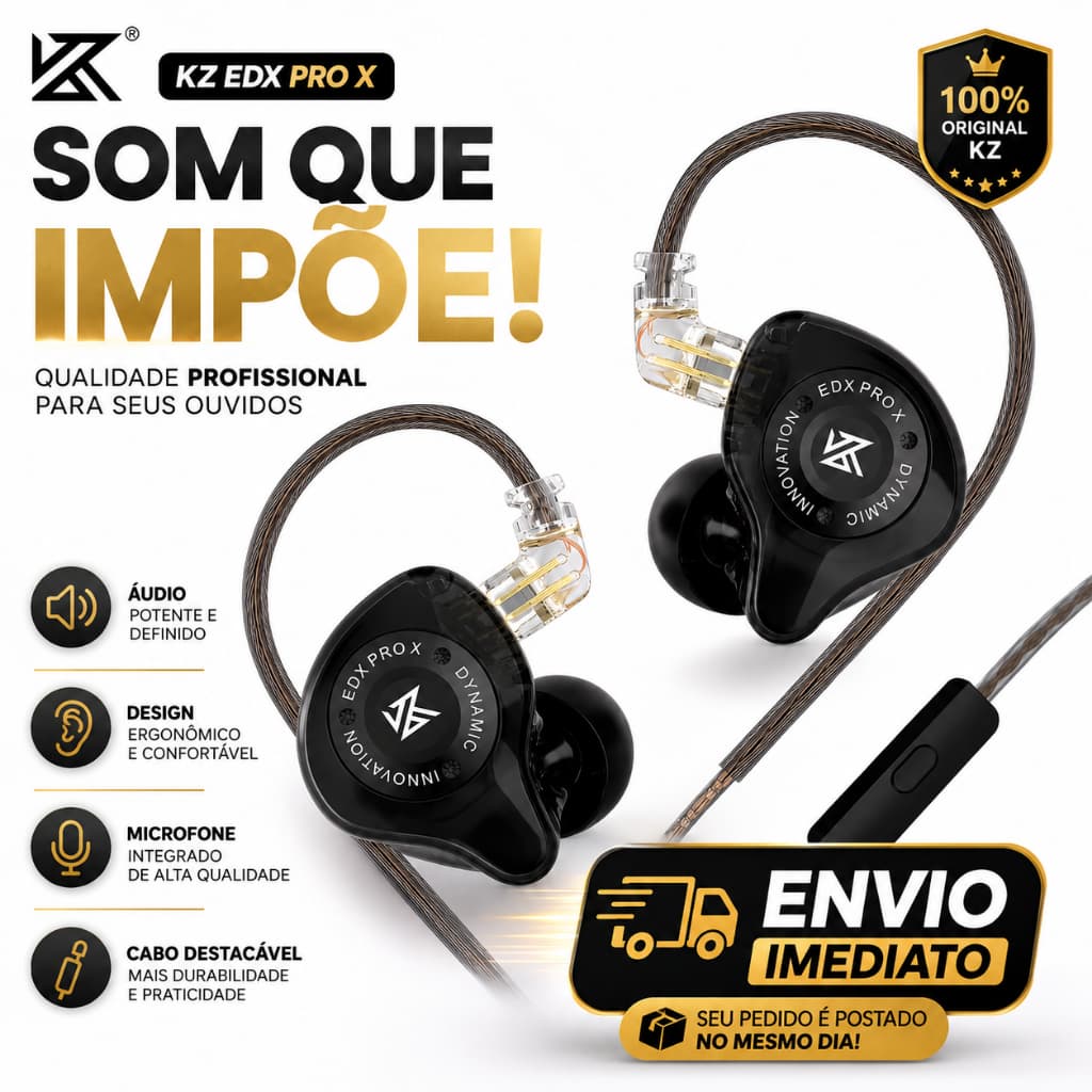 Fone ORIGINAL KZ EDX Pro X BLACK Fone In Ear HiFi Gamer Profissional Graves Potentes P2 3.5mm 2Pin