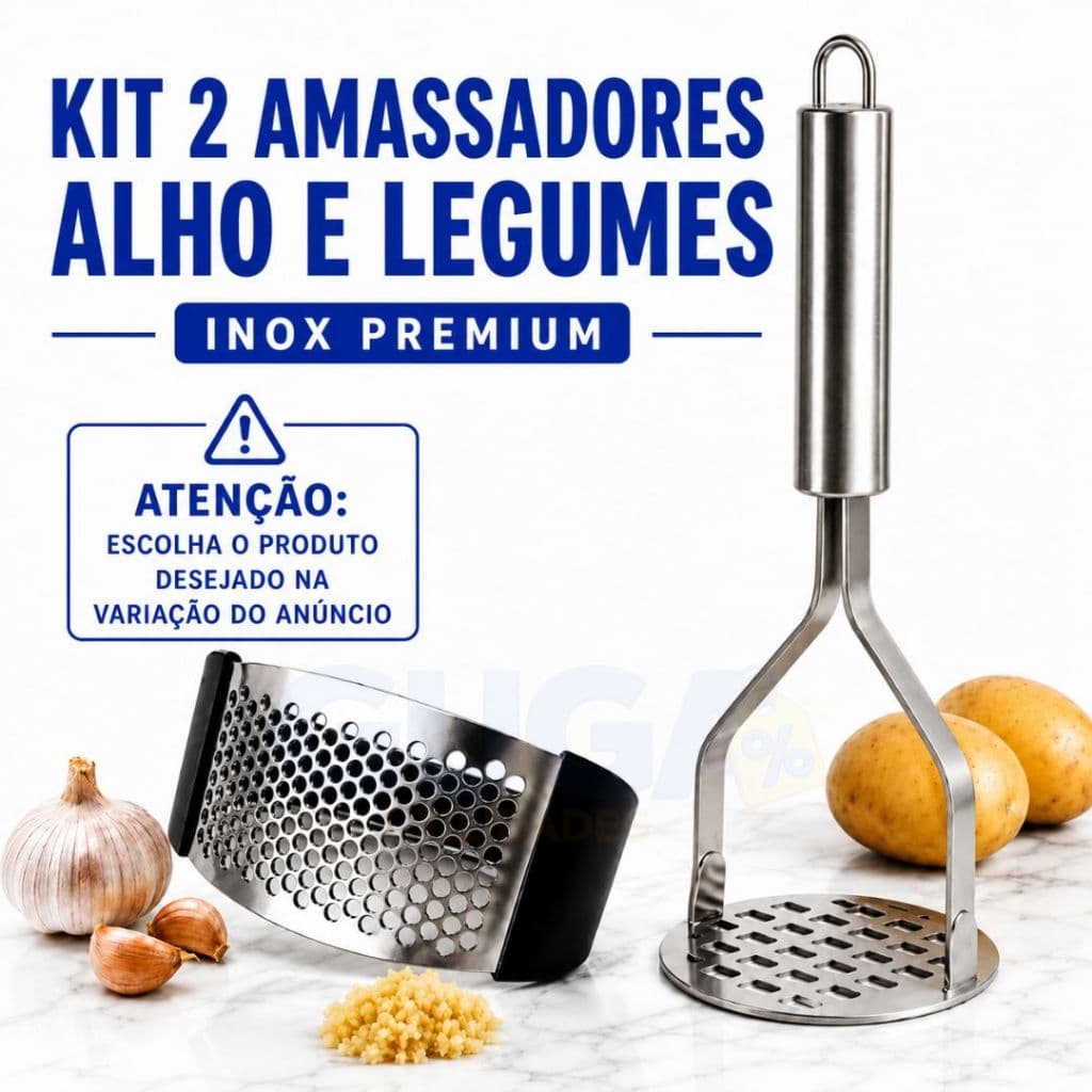 Conjunto de Inox Amassador de Batata e Espremedor de Alho para Cozinha