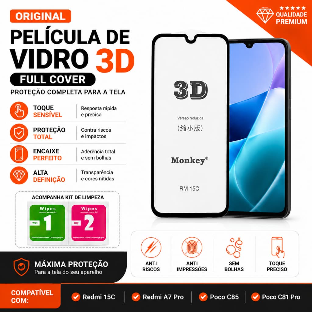 Pelicula Redmi 15C/ Redmi A7 Pro/ Poco C85/Poco C81 Pro Peliculas 3D Vidro Full Cover Monkey