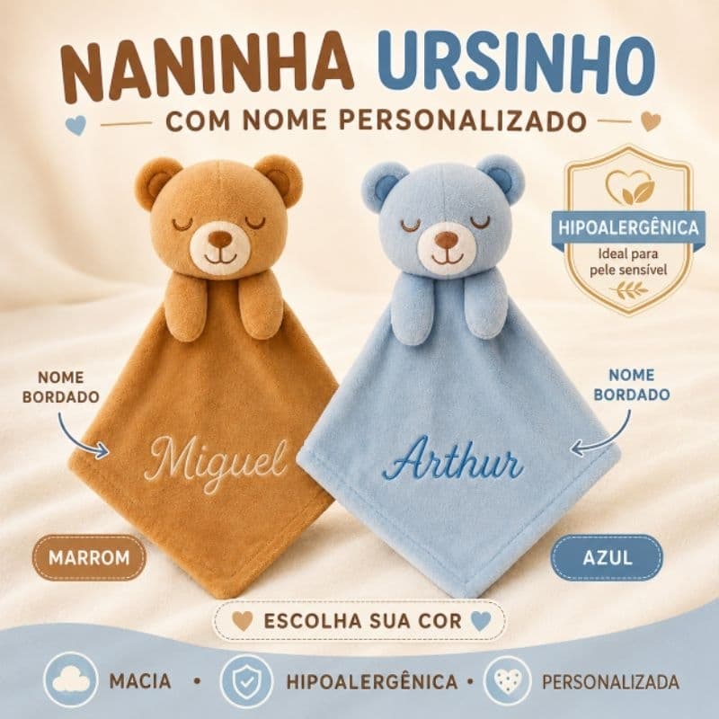Naninha bebê MENINO PERSONALIZADA com nome bordado  /Maternidade/Chá de Bebê/Ursinho