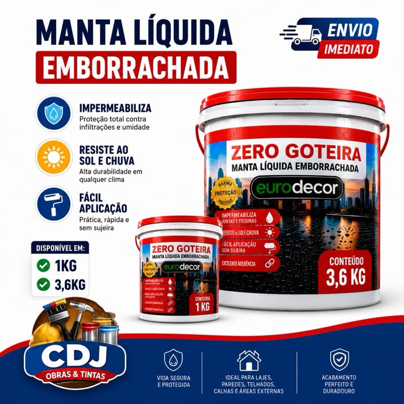 Manta Líquida Zero Goteira Emborrachada Impermeabilizante 1kg ou 3,6kg Zero Goteiras, Trincas e Infiltrações na