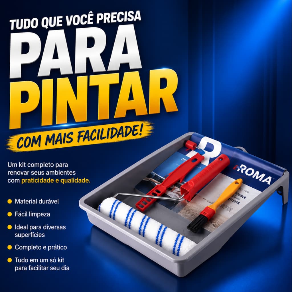 Kit pintura de parede Rolo+Bandeja+Cabo+Pincel+Trincha - 5 peças