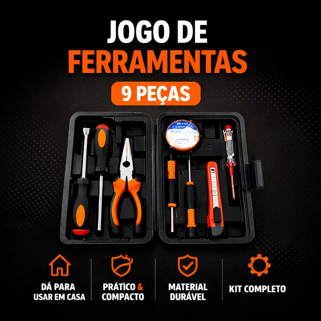 Kit Maleta de Ferramenta Essenciais com 9 peças Jogo Martelo Chaves Estilete Detector Voltagem