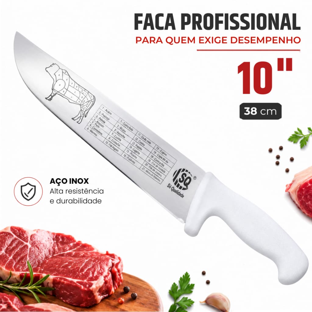 Faca Profissional 10" Para Carne Açougue Churrasco Cabo Antibacteriano Cozinha