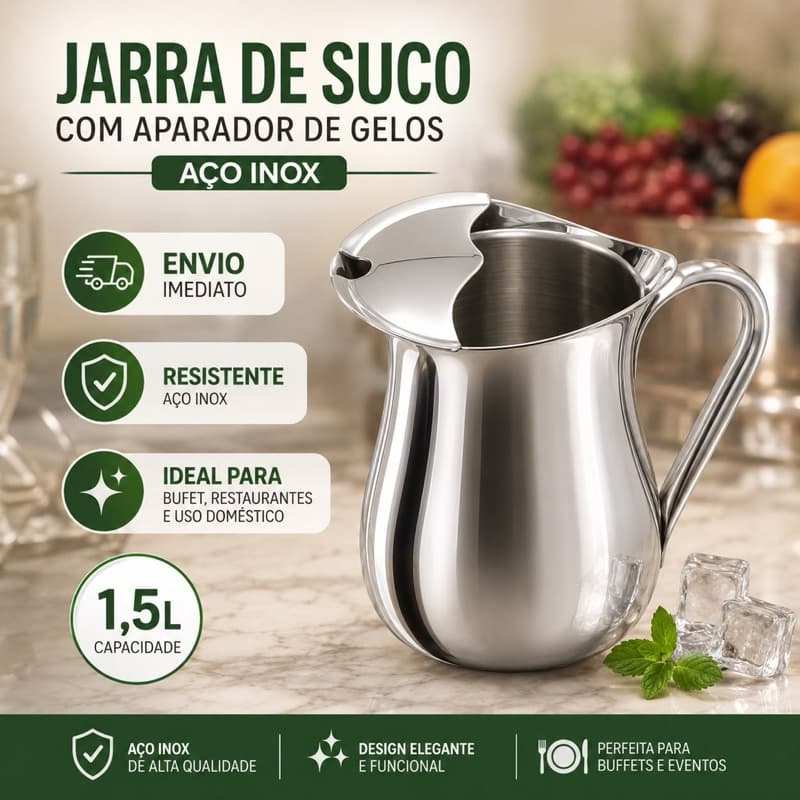 Jarra Inox Suco Agua com Aparador Separador de Gelo Inox 1,5L - Sucos, Água, Gelo Chá Gelado