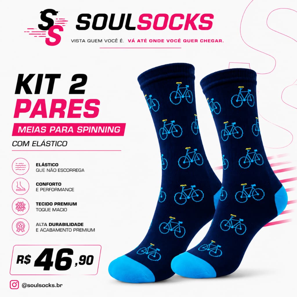 Kit 2 Pares Meias Esportiva Personalizada para Spinning SoulSocks Cano Médio Bike Conforto Premium
