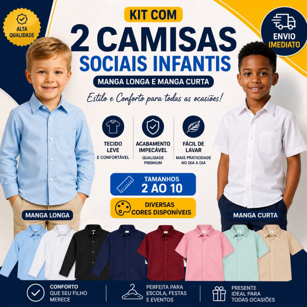 Kit 2 Camisa Social Infantil Manga Longa + Manga Curta Menino Elegante Premium - Envio Imediato !!!