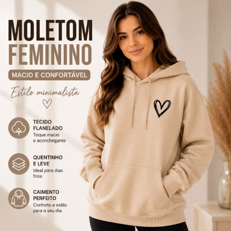 Moletom Feminino Canguru Com Capuz Fofinho Estampa Coração Casual Inverno