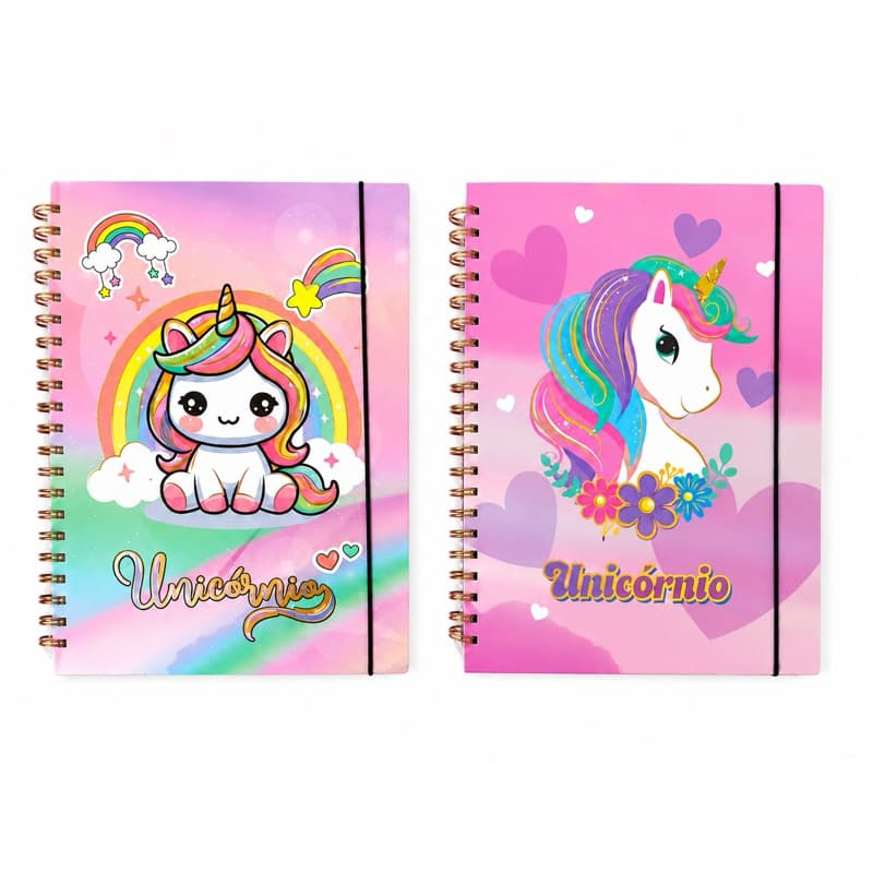 Caderno Espiral Universitário Unicórnio Capa Dura com Elástico 29x21 cm