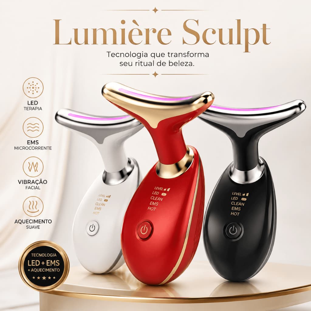 Massageador Facial LED EMS Lumière Sculpt Recarregável USB com Aquecimento e Vibração para Skincare