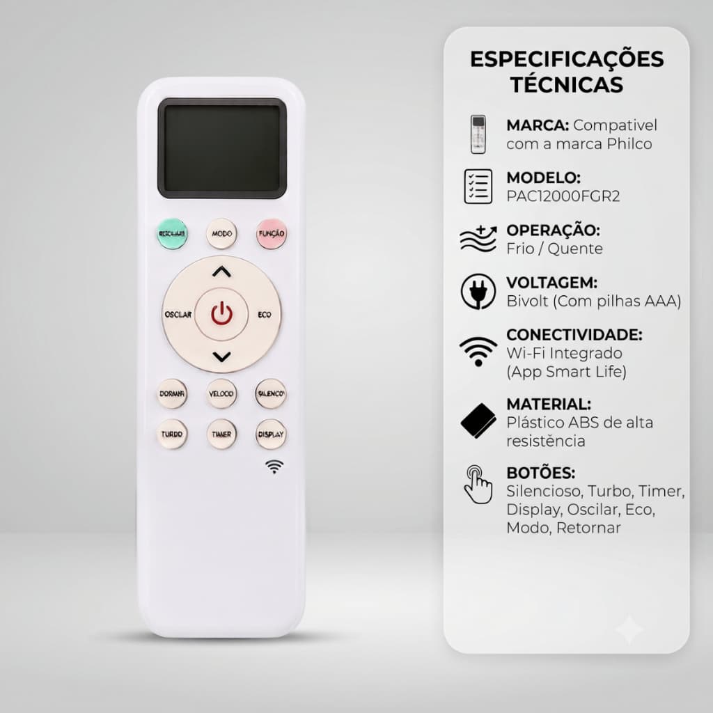 Controle Remoto Ar Condicionado Compatível Com Philco PAC12000FGR2 Wi-Fi