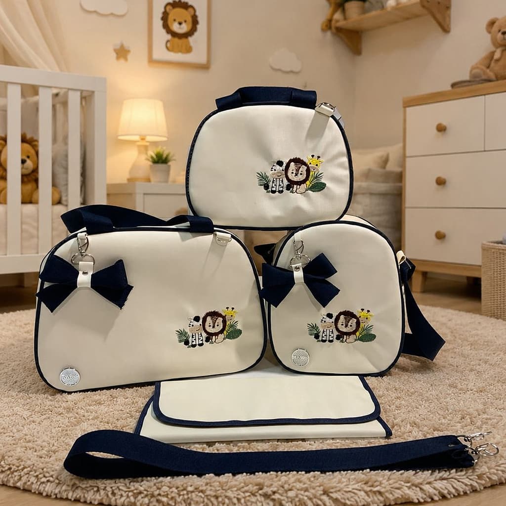 Kit Bolsa Mala Maternidade Menina Menino 4 Peças LUXO Couro Ecológico Térmica e Impermeável