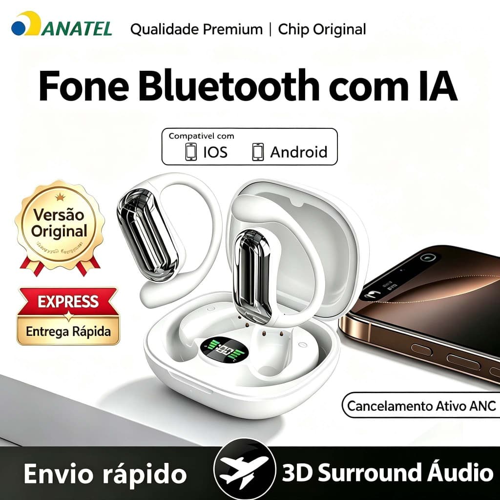 Fones de Ouvido Sem Fio OWS Bluetooth 5.4 Som 360°Estéreo 80h Bateria Conforto Silicone Resistente ao Suor para Academia