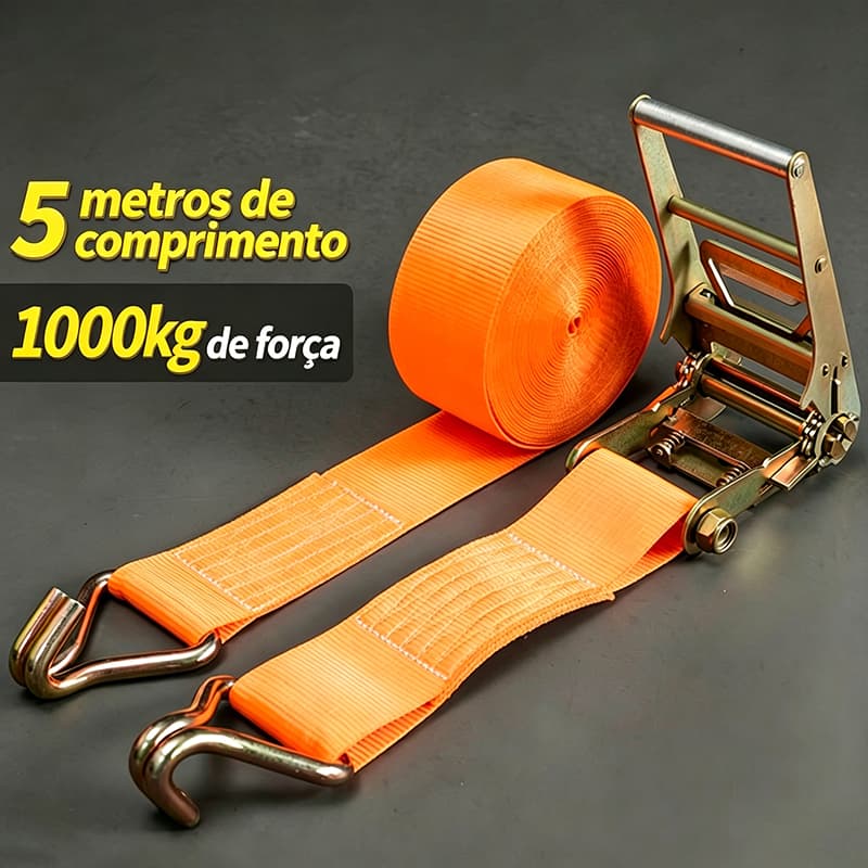 Cinta de Amarração com Catraca 5 Toneladas 5m Gancho J Reforçada Transporte Carga Caminhão caminhoneiro profissional