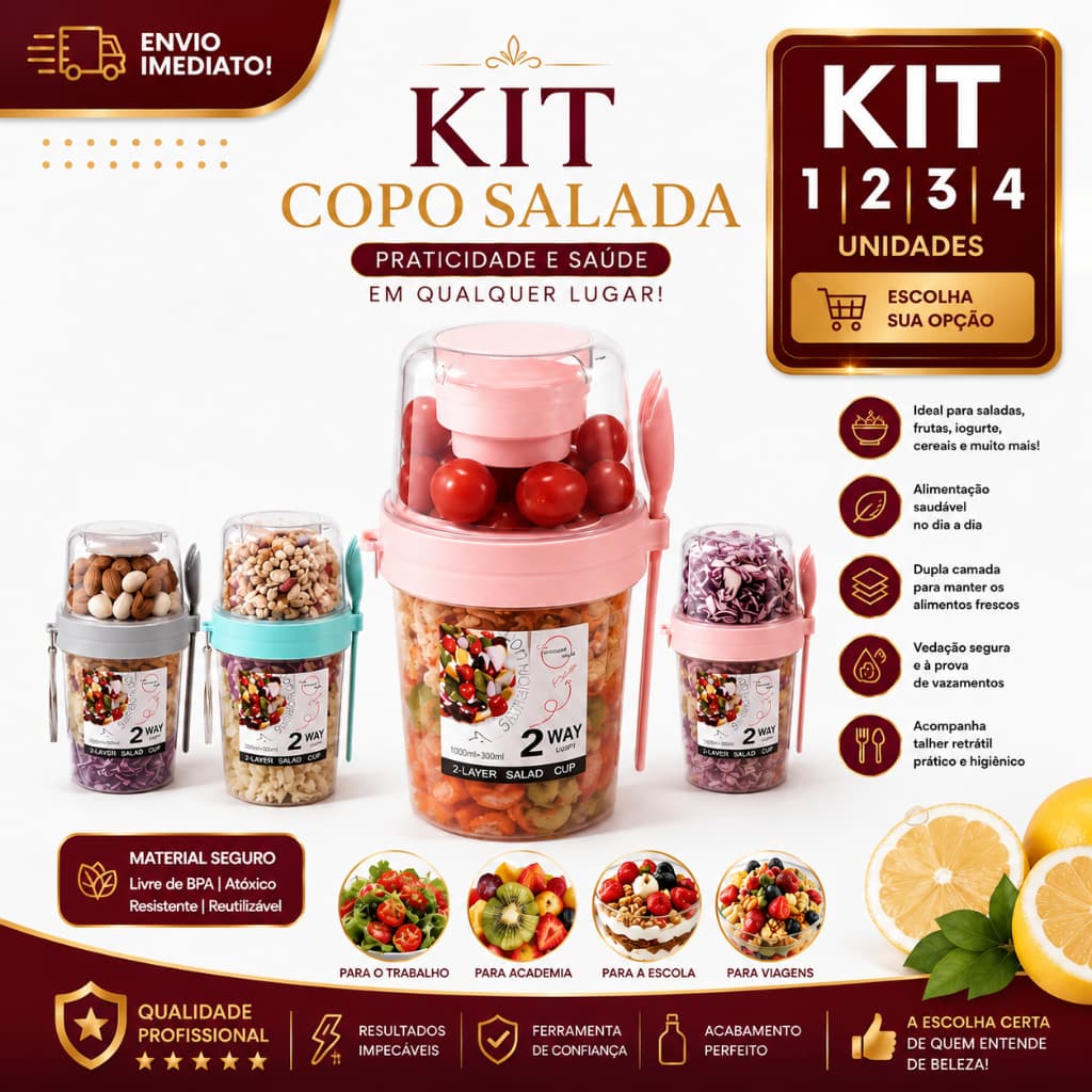 Copo Salada 2 Camadas com Porta Molho e Talher Retrátil 1/2/3/4 Pote para Frutas Iogurte Cereais Cores Sortidas