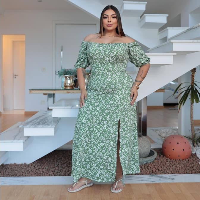 Vestido Feminino Longo Cigana Ombro a Ombro com Fenda Fluity Plus Size Tamanho GG ao G3