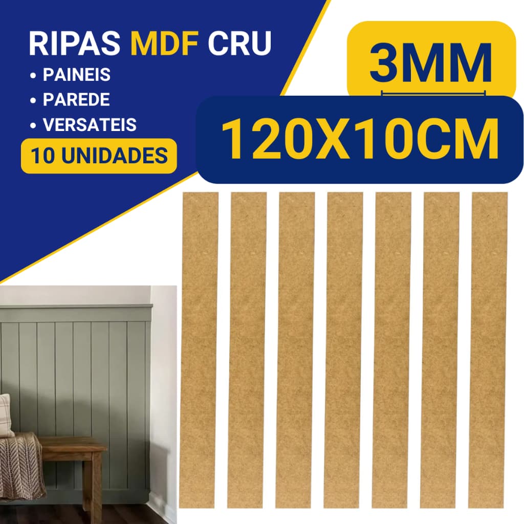 10 Ripas para parede, paineis Ripas MDF 3mm 120x10cm