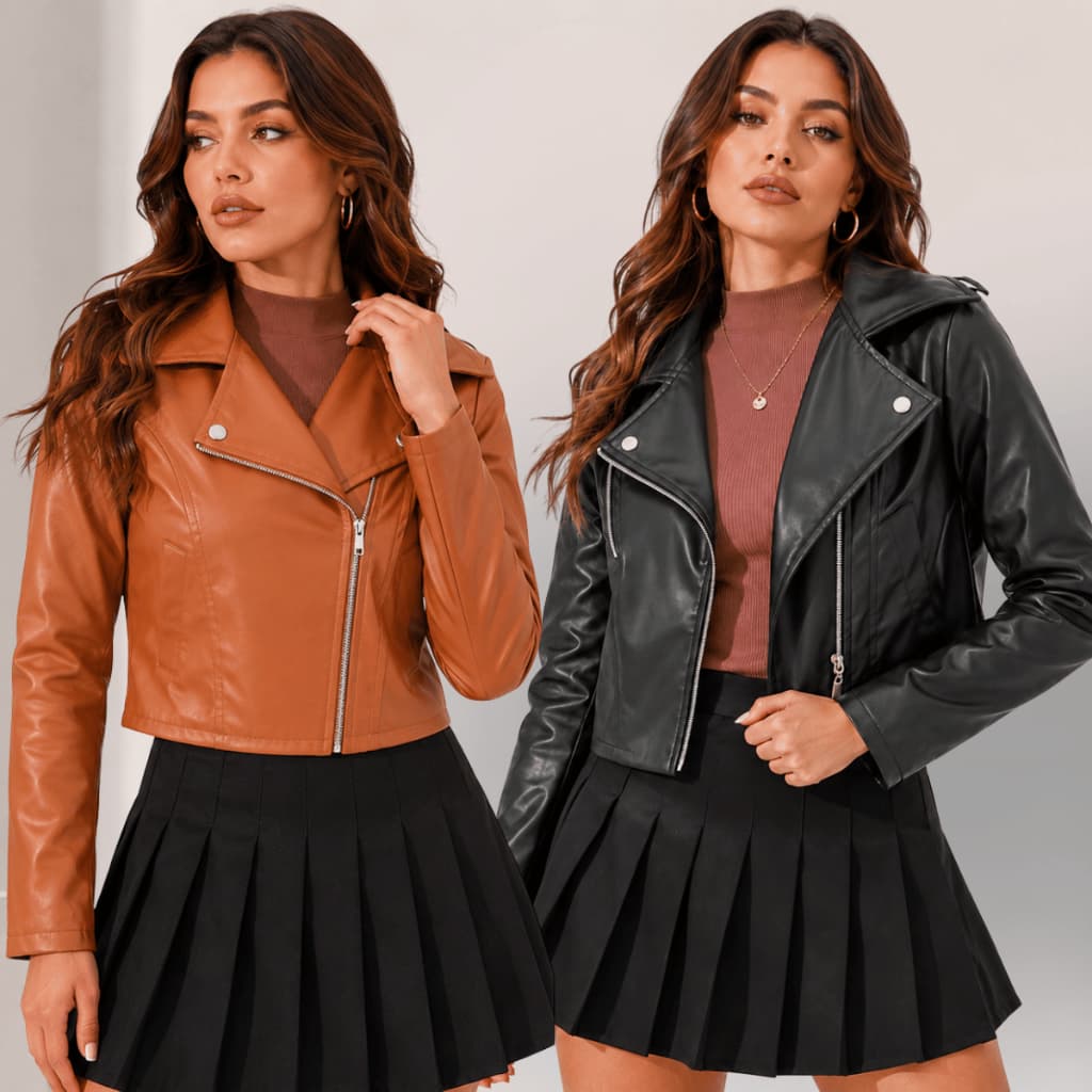 Jaqueta Feminina Couro Frio Outono Inverno Motoqueira Despojada Casual Estilosa Biker Balada Curta Preta Marrom Caramelo