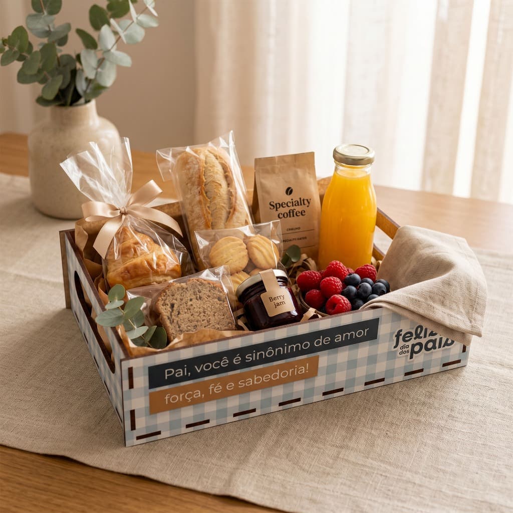 Cesta MDF Branco Dia dos Pais Sinônimo de Amor para Café da Manhã Presente Surpresa Especial