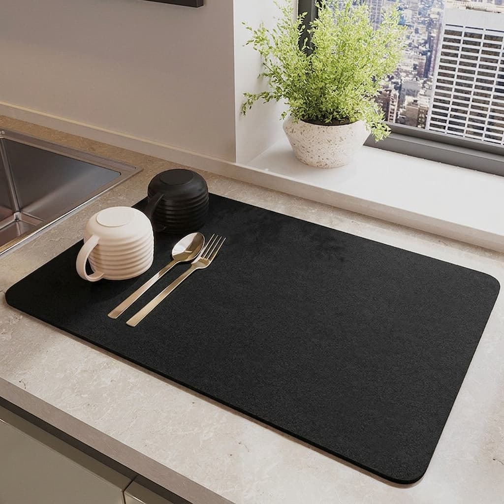 Tapete Escorredor de Louça Secador Prato Copos Utensílios Absorvente Luxo Emborrachado Magico Preto 40x50cm