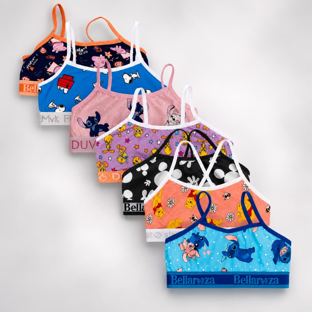 Kit 5 TOP Sutiã Microfibra Estampados Personagem Infantil Juvenil Pré Adolecente Menina Moça