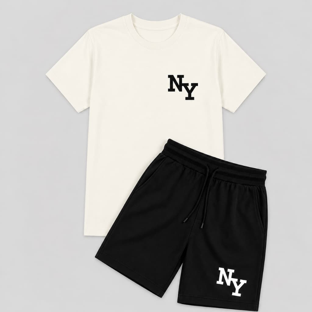 Conjunto Masculino Casual Camiseta Algodão E Bermuda Short Moletinho NY Premium Academia Verão Streetwear