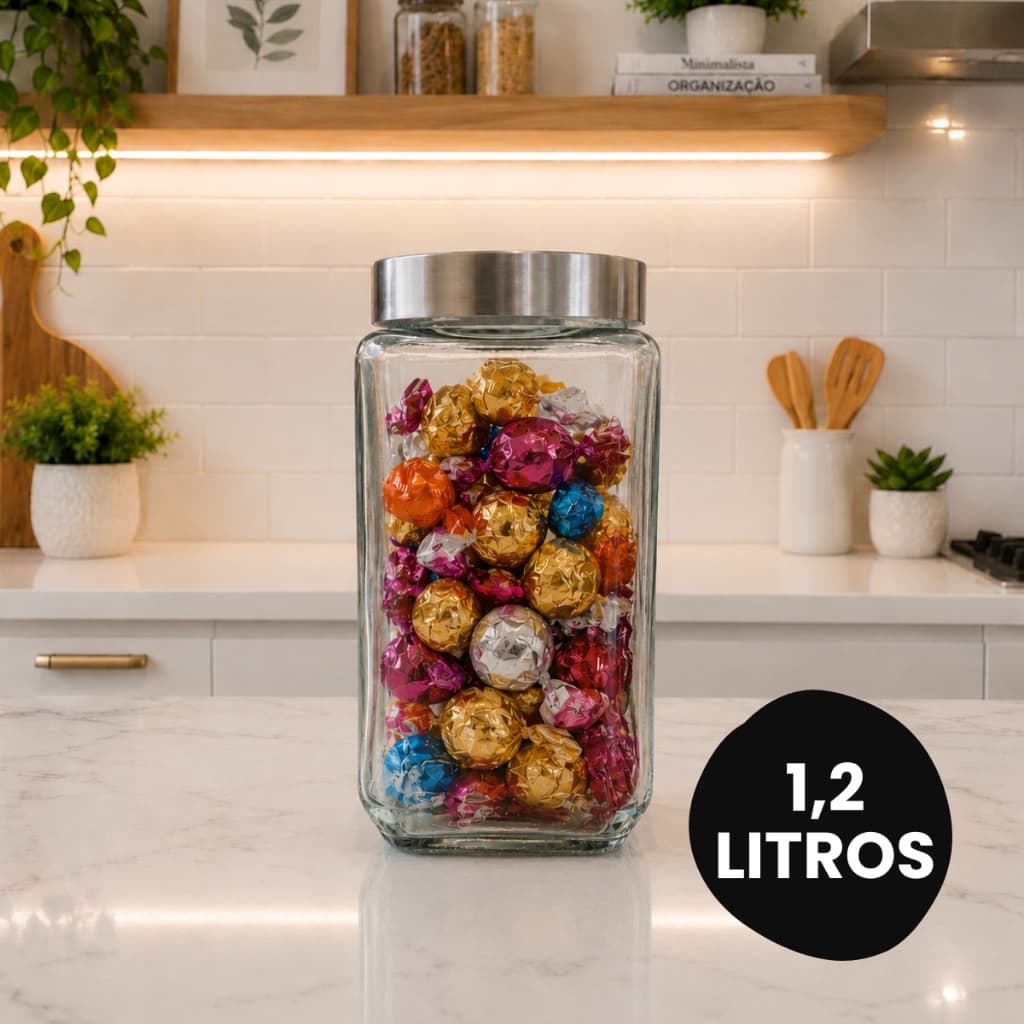 Pote de Vidro 1,2L Quadrado Para Alimentos Com Tampa Rosca Inox Resistente