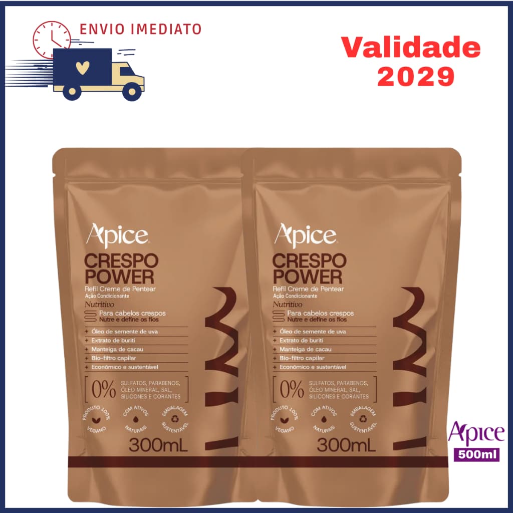 Kit 2x Refil Creme Pentear Apice Crespo Power Vegano No Poo 300ml