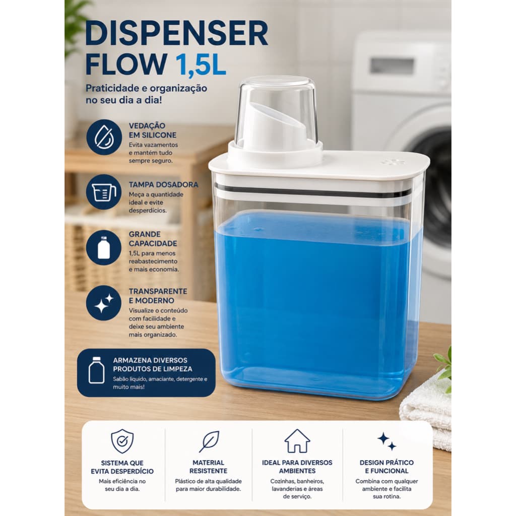 Dispenser de Sabão Líquido e Amaciante Flow 1,5L Transparente – Porta Detergente com Tampa Medidora e Vedação de Silicon