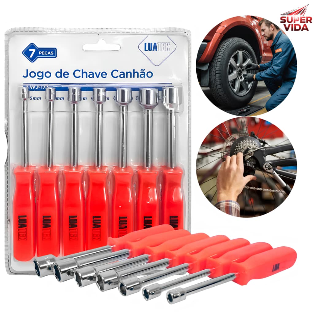 Jogo de Chaves Canhão 7 Peças Aço Carbono 5/6/7/8/10/11/12mm Punho Antiderrapante para Manutenção