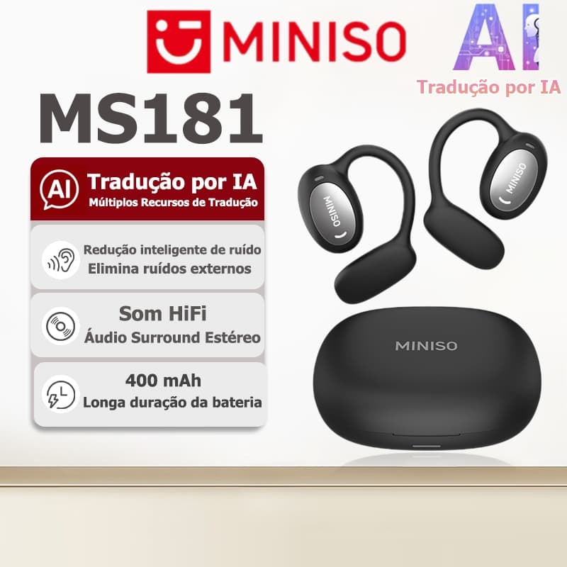 Garantia de 1 ano, fone de ouvido sem fio verdadeiro de tradução IA MINISO MS181, Bluetooth 5.4, OWS TWS, fone esportivo